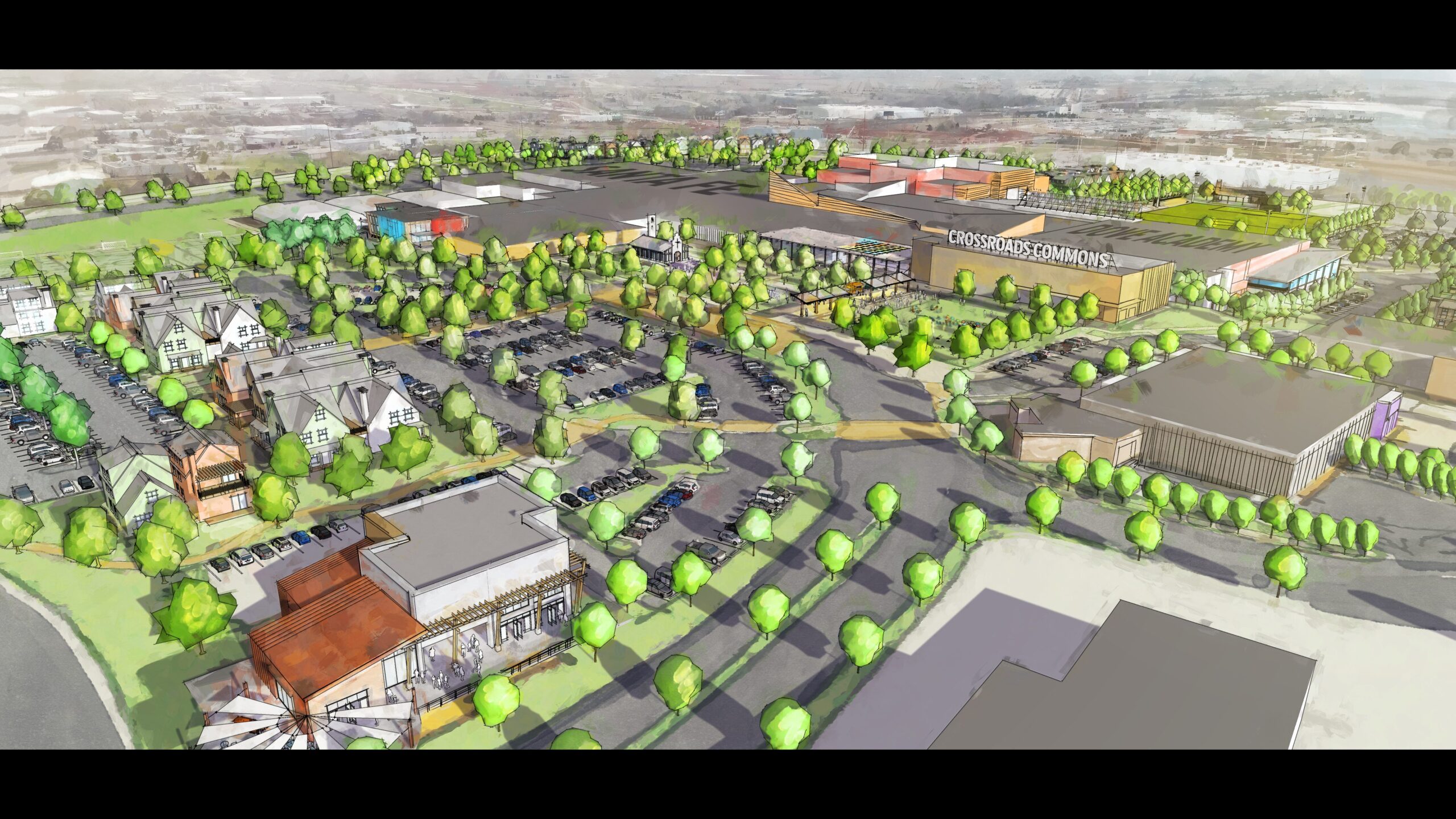 Architectural vision of Crossroads Commons — aerial watercolor rendering showing the reimagined campus
